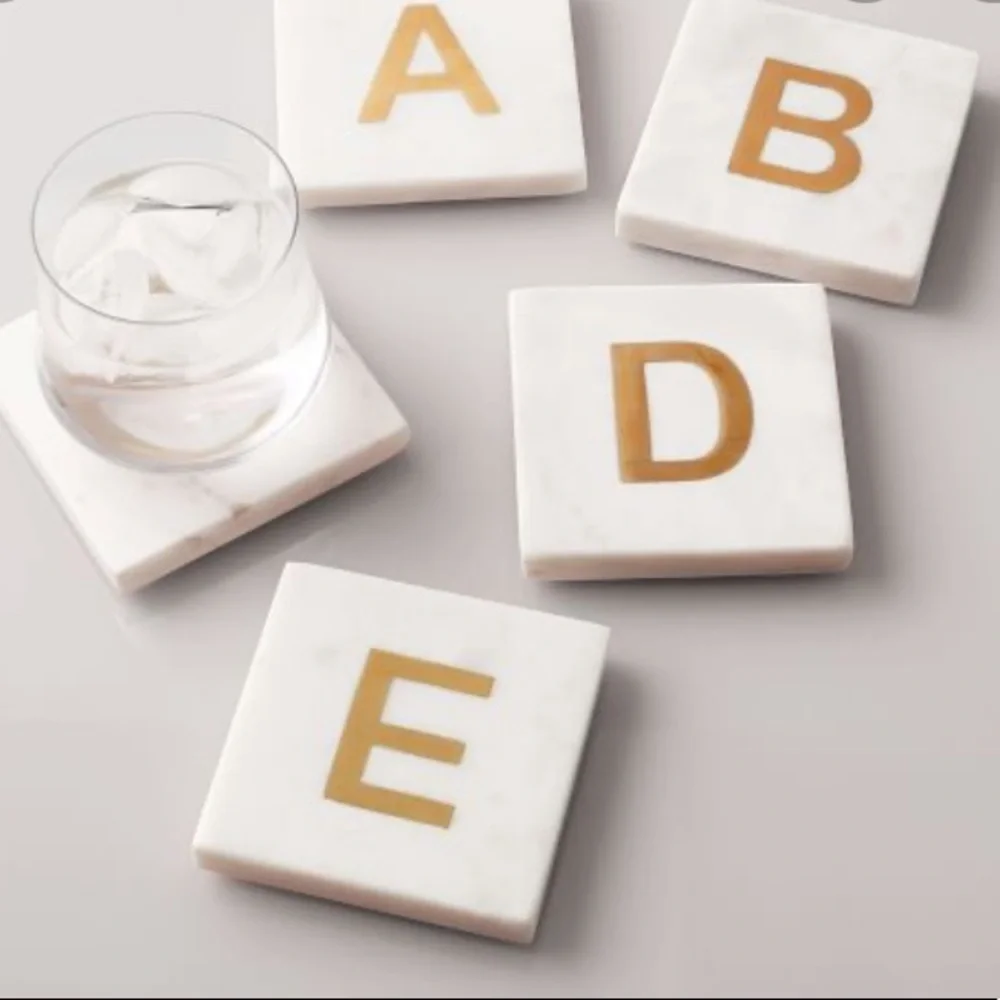 “B” West Elm Set 4 Marble Coasters gold monogram